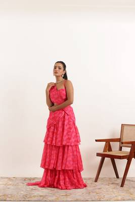 pre draped pink floral printed ruffle pre drpaed saree 3