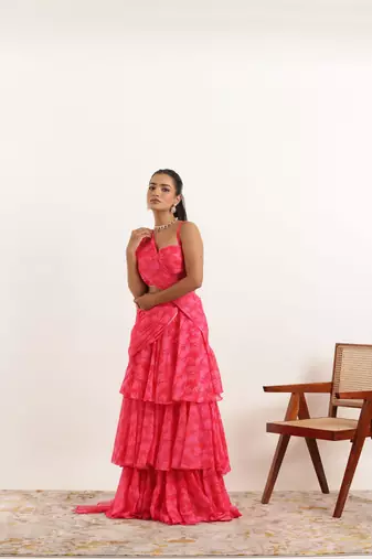 pre draped pink floral printed ruffle pre drpaed saree