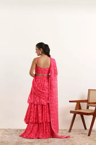 pre draped pink floral printed ruffle pre drpaed saree