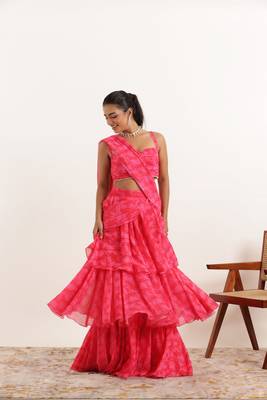 pre draped pink floral printed ruffle pre drpaed saree 5