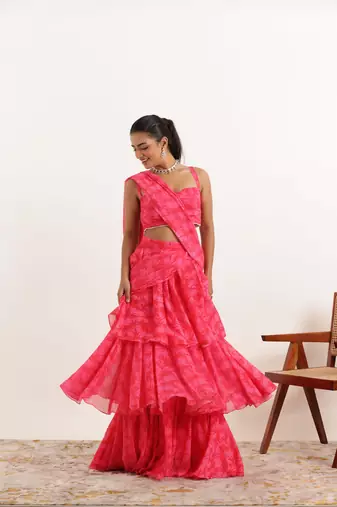 pre draped pink floral printed ruffle pre drpaed saree