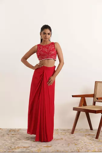 ready made cherry red saree