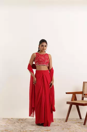 ready made cherry red saree