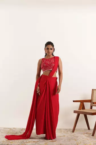 ready made cherry red saree
