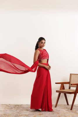ready made cherry red saree 5