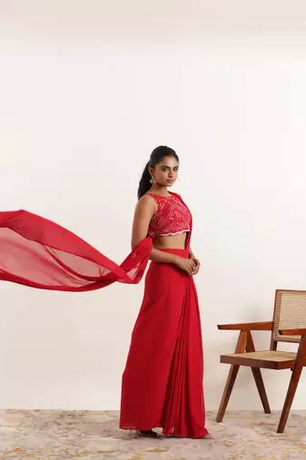 ready made cherry red saree