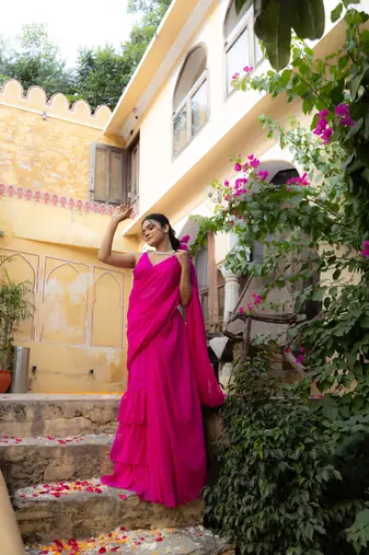 pre draped magenta pink ruffle saree