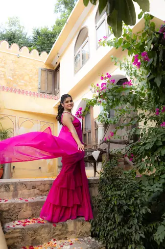 pre draped magenta pink ruffle saree