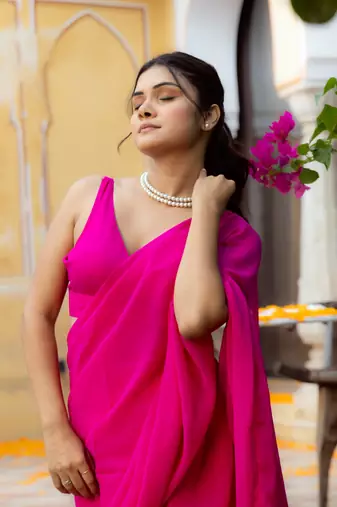 pre draped magenta pink ruffle saree