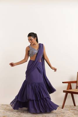 pre-stitched purple georgette plain lehenga saree 1