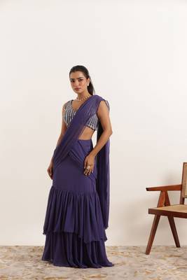 pre-stitched purple georgette plain lehenga saree 2