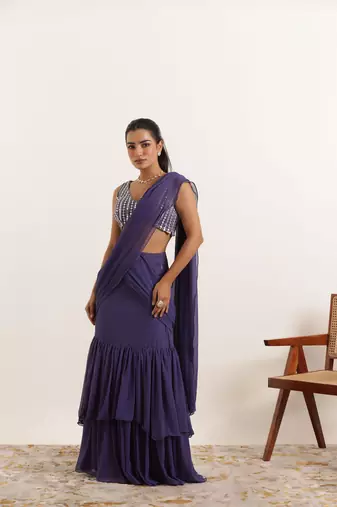 pre-stitched purple georgette plain lehenga saree