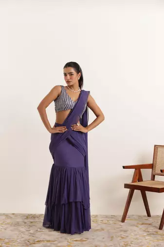 pre-stitched purple georgette plain lehenga saree