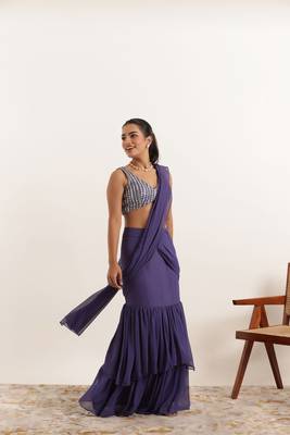 pre-stitched purple georgette plain lehenga saree 4