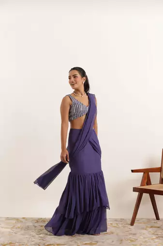 pre-stitched purple georgette plain lehenga saree