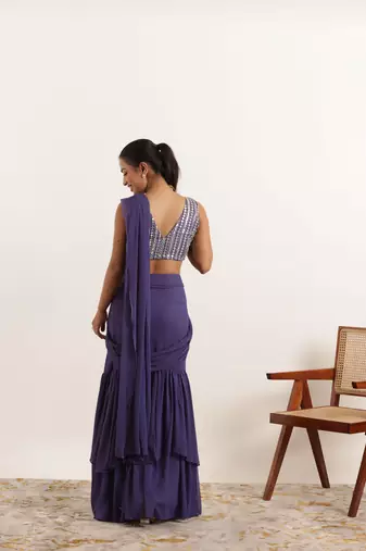 pre-stitched purple georgette plain lehenga saree