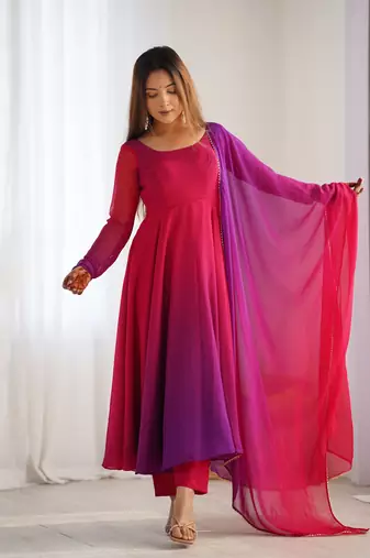 Pink Georgette Fully Flair Anarkali Kurti With Dupatta
