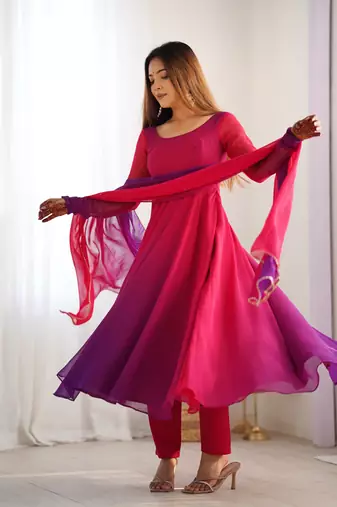 Pink Georgette Fully Flair Anarkali Kurti With Dupatta