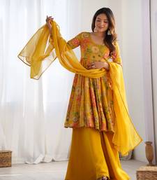 Yellow Romansilk Printed Fully Flair Kurta With Dupatta & Palazzo 