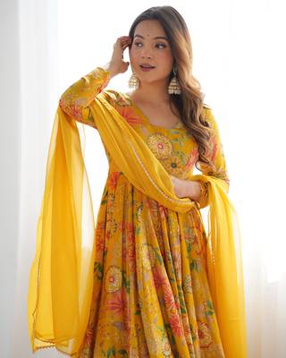Yellow Romansilk Printed Fully Flair Kurta With Dupatta & Palazzo  5