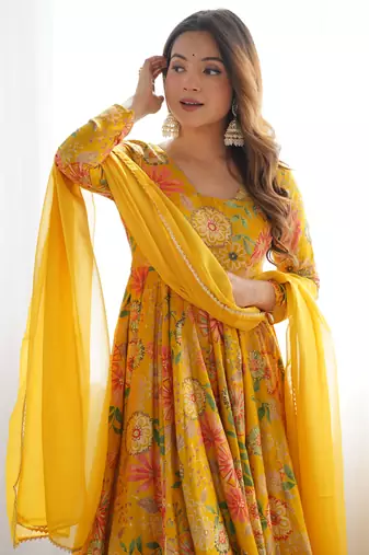 Yellow Romansilk Printed Fully Flair Kurta With Dupatta & Palazzo 