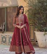 Dark Brown Premium Readymade Georgette Kurti With Pant & Dupatta Set