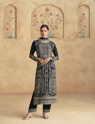Black primium chinon embroidered sequin ready made suit (free size) 1