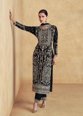 Black primium chinon embroidered sequin ready made suit (free size) 2