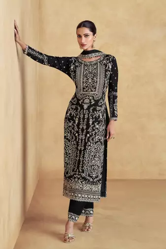 Black primium chinon embroidered sequin ready made suit (free size)