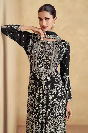 Black primium chinon embroidered sequin ready made suit (free size)