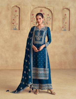 Teal primium chinon embroidered dhaga sequin work ready made suit (free size) 1