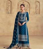 Teal primium chinon embroidered dhaga sequin work ready made suit (free size)