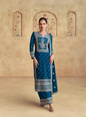 Teal primium chinon embroidered dhaga sequin work ready made suit (free size) 2