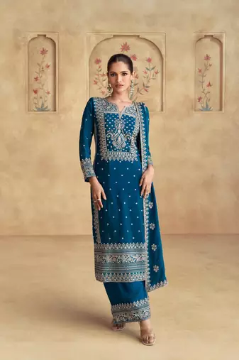 Teal primium chinon embroidered dhaga sequin work ready made suit (free size)