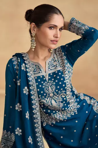 Teal primium chinon embroidered dhaga sequin work ready made suit (free size)
