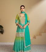 Green digital printed chinon embroidered sequin work ready made suit (free size)