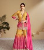 Yellow and pink digital printed chinon embroidered sequin work ready made suit (free size)