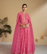 Pink digital printed chinon embroidered sequin work ready made suit (free size)