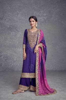 Purple digital printed chinon embroidered sequin work ready made suit (free size) 1