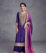 Purple digital printed chinon embroidered sequin work ready made suit (free size)