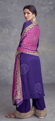 Purple digital printed chinon embroidered sequin work ready made suit (free size) 2
