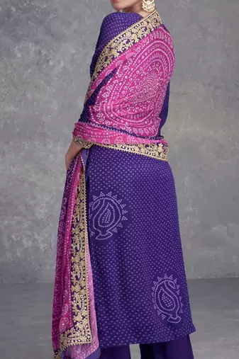 Purple digital printed chinon embroidered sequin work ready made suit (free size)