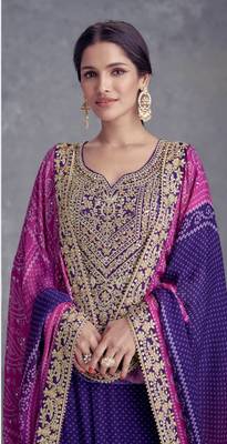 Purple digital printed chinon embroidered sequin work ready made suit (free size) 3