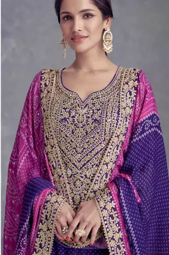 Purple digital printed chinon embroidered sequin work ready made suit (free size)
