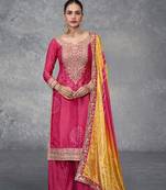 Pink digital printed chinon embroidered sequin work ready made suit (free size)