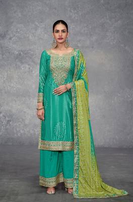 Turquoise digital printed chinon embroidered sequin ready made suit (free size) 1