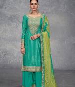 Turquoise digital printed chinon embroidered sequin work ready made suit (free size)