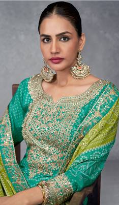 Turquoise digital printed chinon embroidered sequin ready made suit (free size) 2