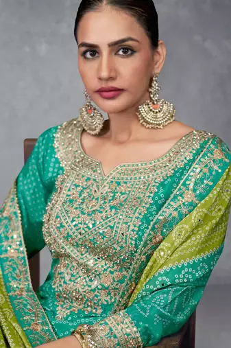 Turquoise digital printed chinon embroidered sequin ready made suit (free size)