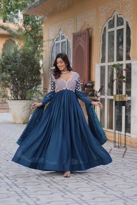 Teal blue Georgette with Embroidery Beads Sequins-work long kurti & dupatta 1